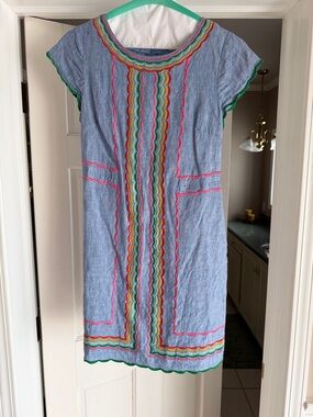 Boden Multicolor Trim Chambray Top — Blue with Pink, Green, Yellow, Red Accents